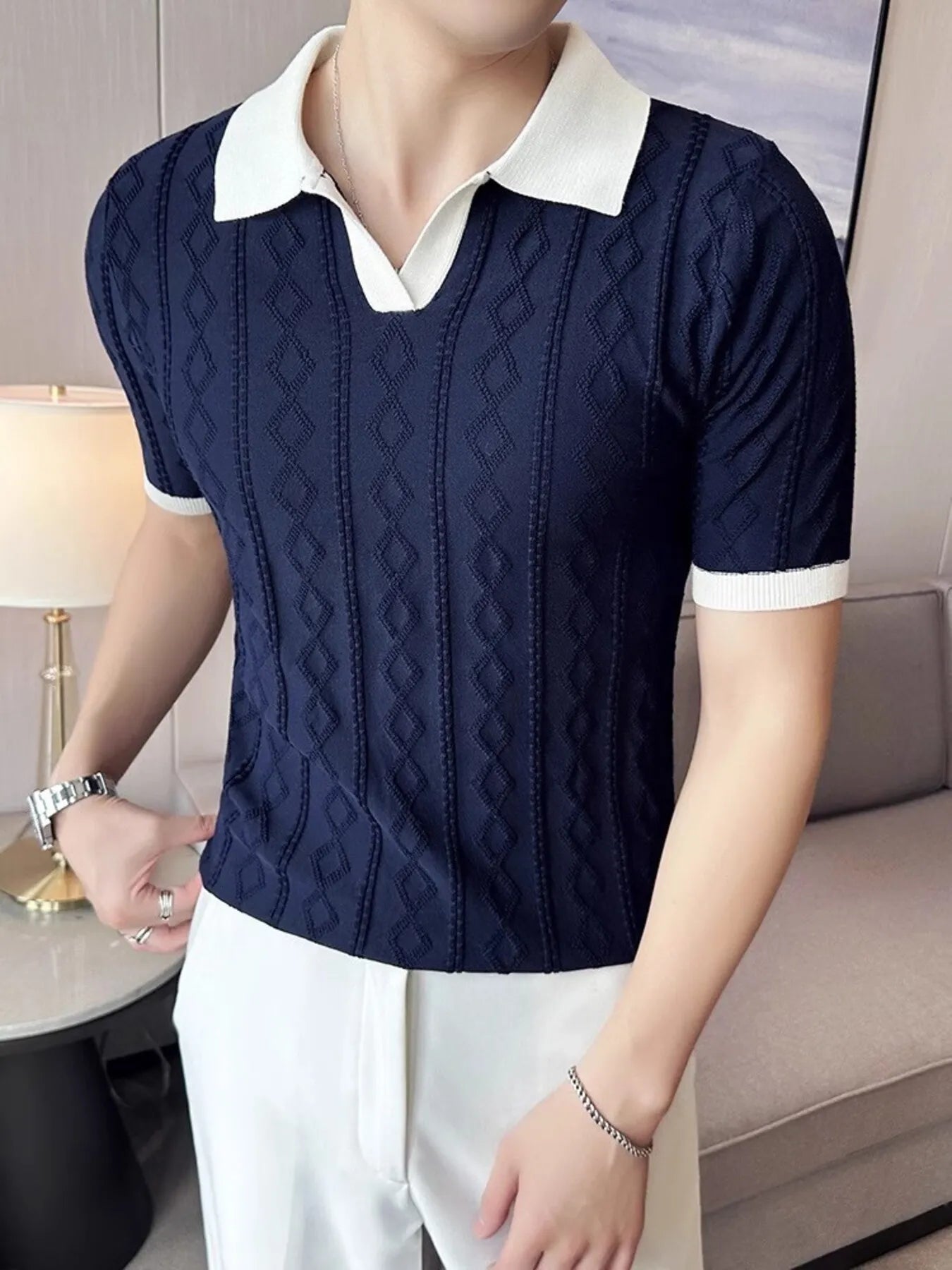 Men's Full Size Contrast Collar Short Sleeve Knit Polo Plus Size