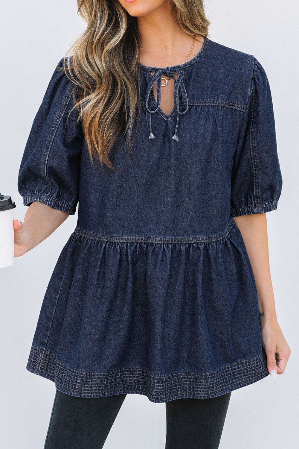 Ruffled Open Front Denim Top