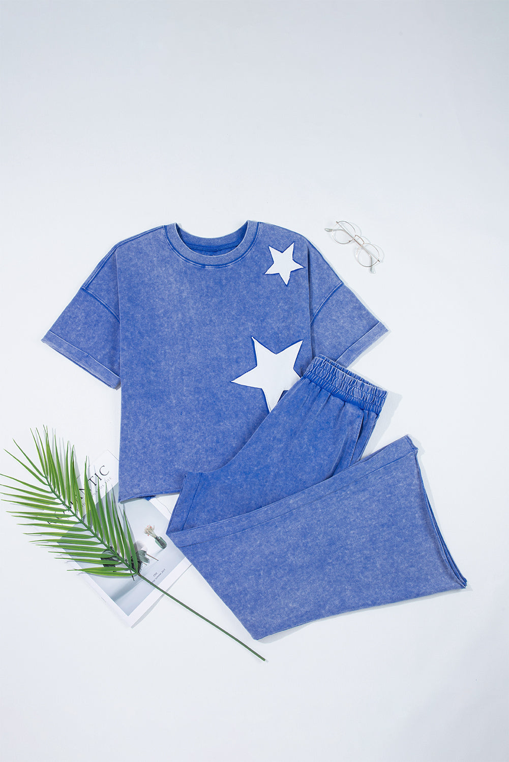 Mint Green Mineral Wash Star Patched Loose Pants Set