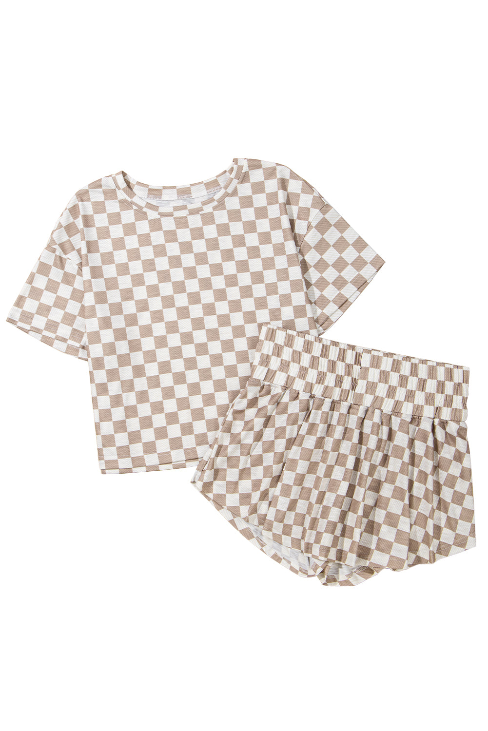 Brown Checkerboard T Shirt and High Waist Skort Set