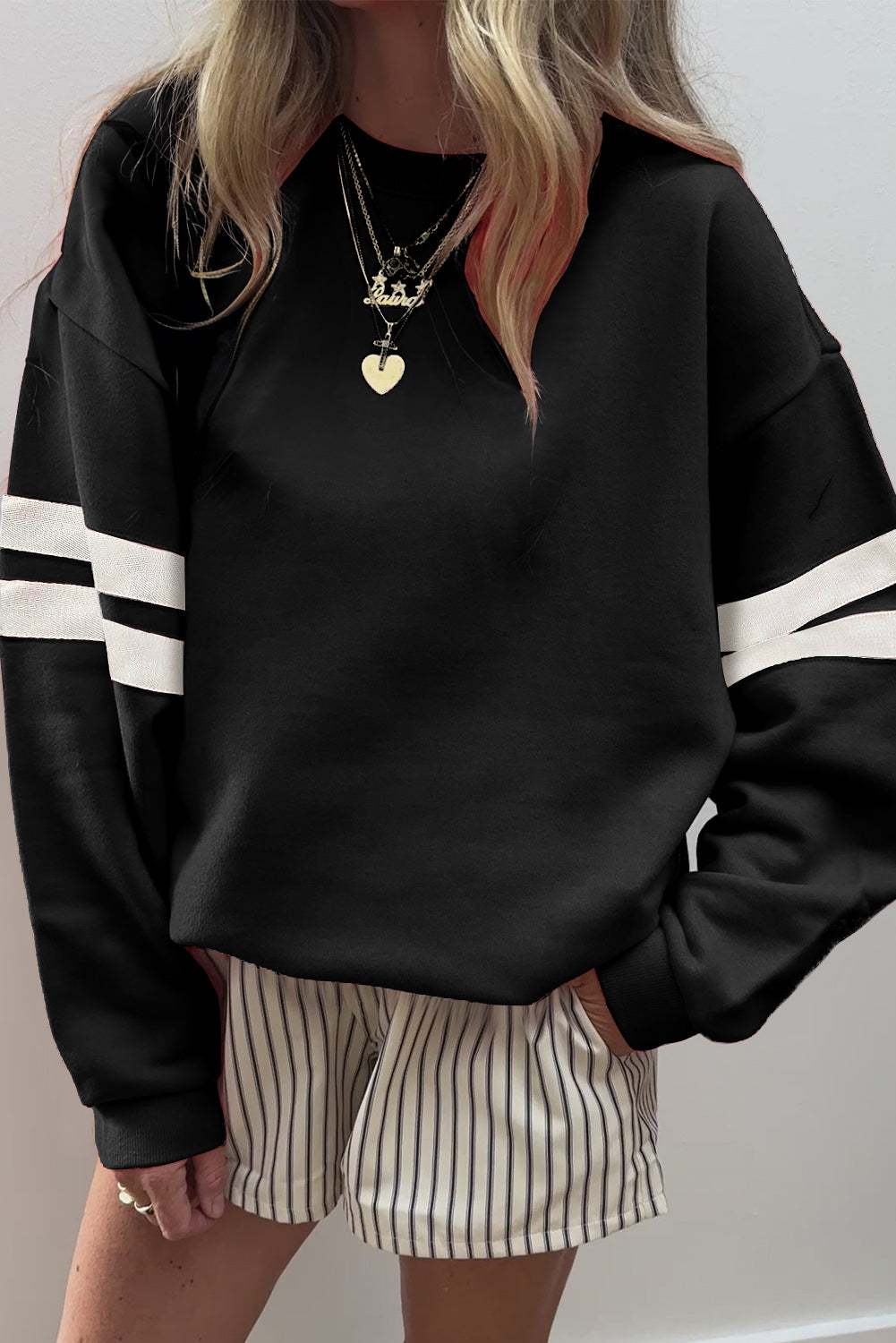 Black Preppy Striped Sleeve Loose Sweatshirt 