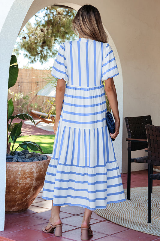 Sky Blue Stripe Ricrac Trim Notched Neck Half Sleeve Vacation Dress