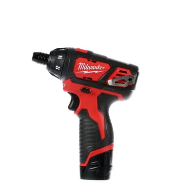 Red and black Milwaukee drill on a white background