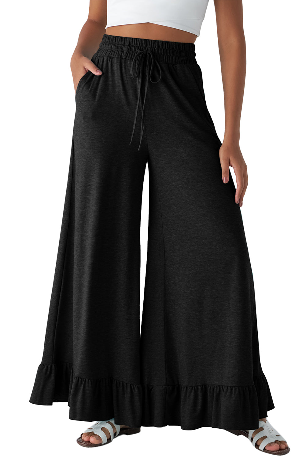 Black Solid Color Ruffle Hem Wide Leg Pants