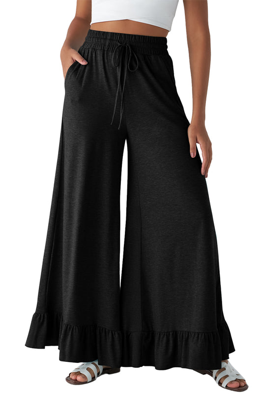 Black Solid Color Ruffle Hem Wide Leg Pants