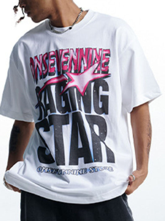 Person wearing a white t-shirt with 'Onsevennine Racing Star' print