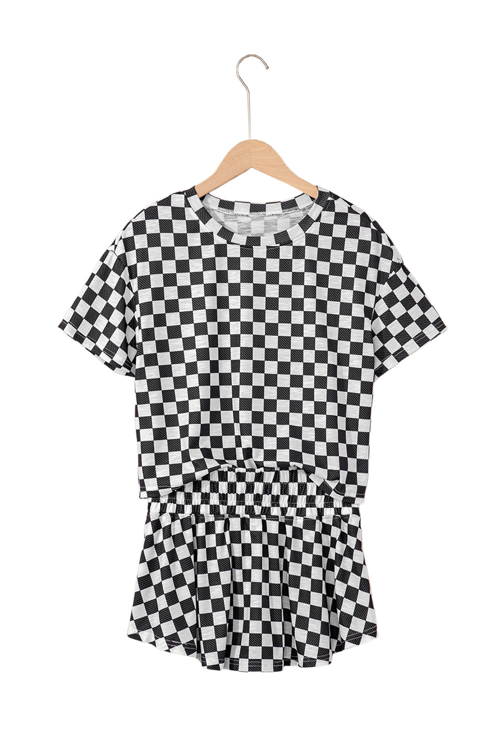 Brown Checkerboard T Shirt and High Waist Skort Set 