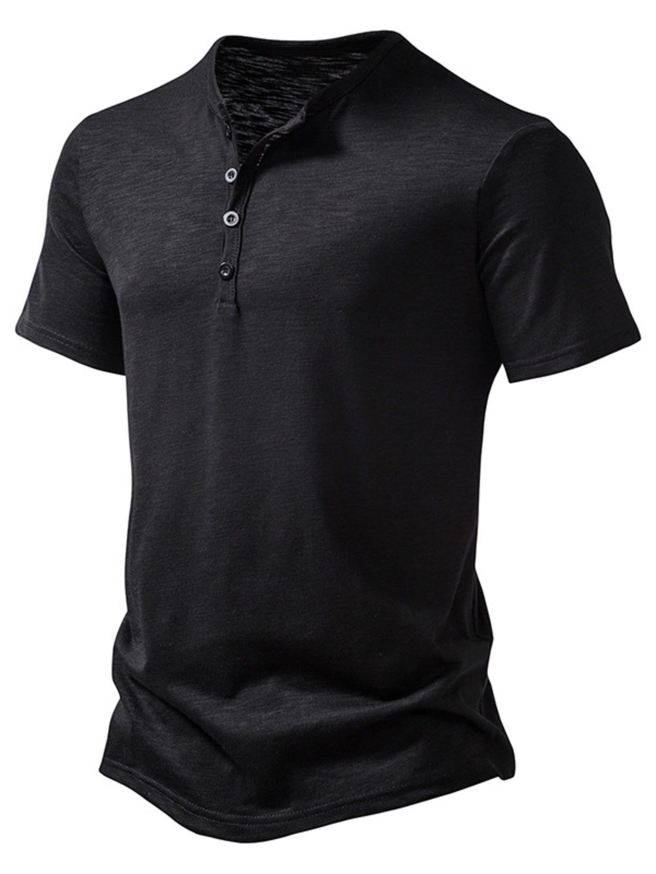 Black henley shirt on a white background