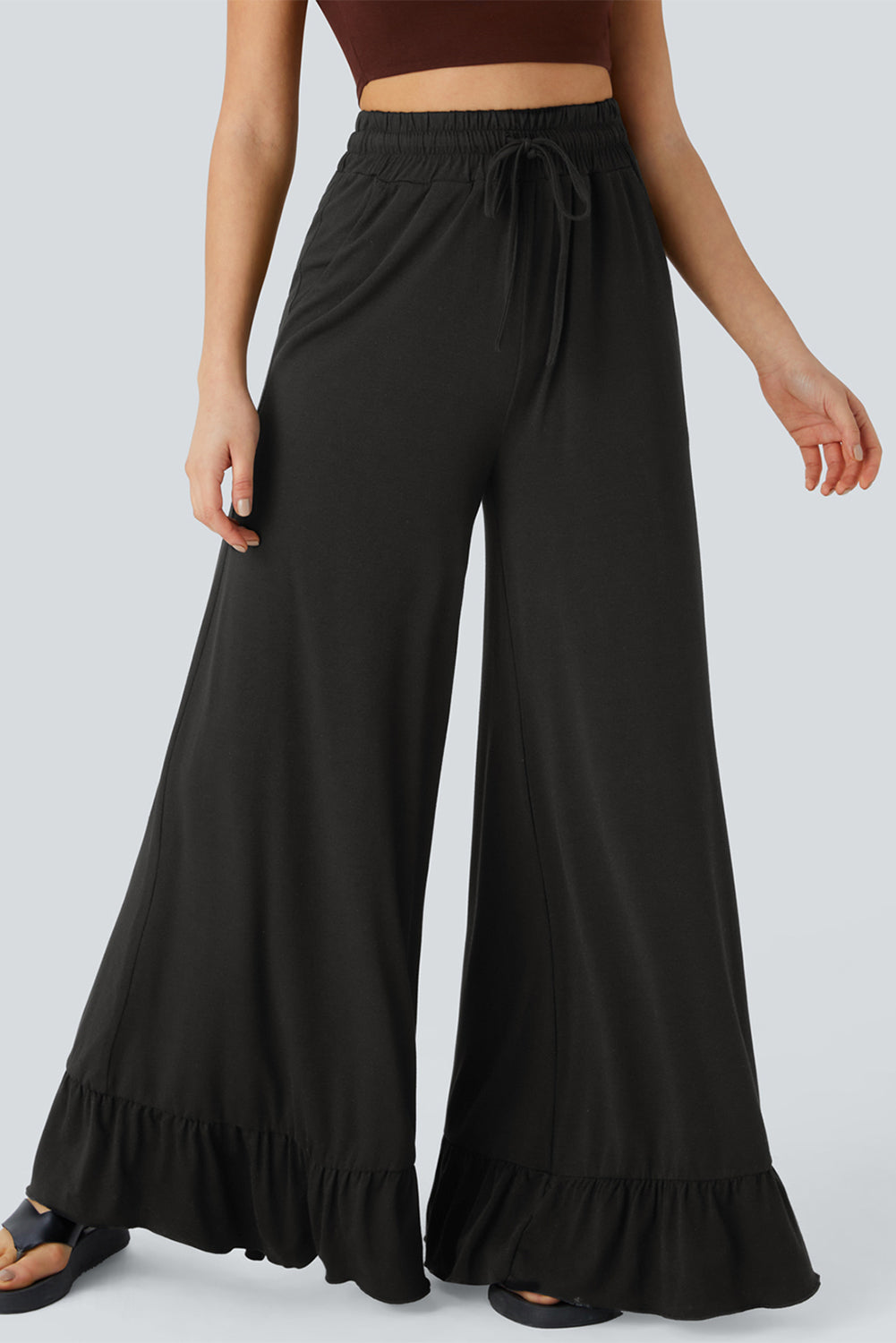 Black Solid Color Ruffle Hem Wide Leg Pants 