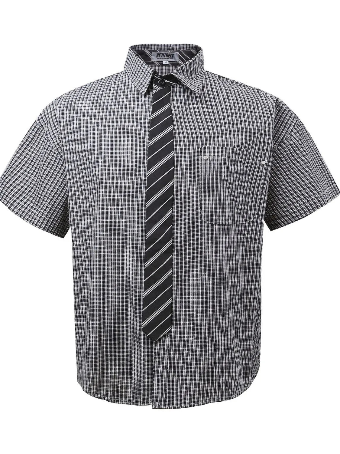 Men's Plaid Short Sleeve Shirt with Striped Tie