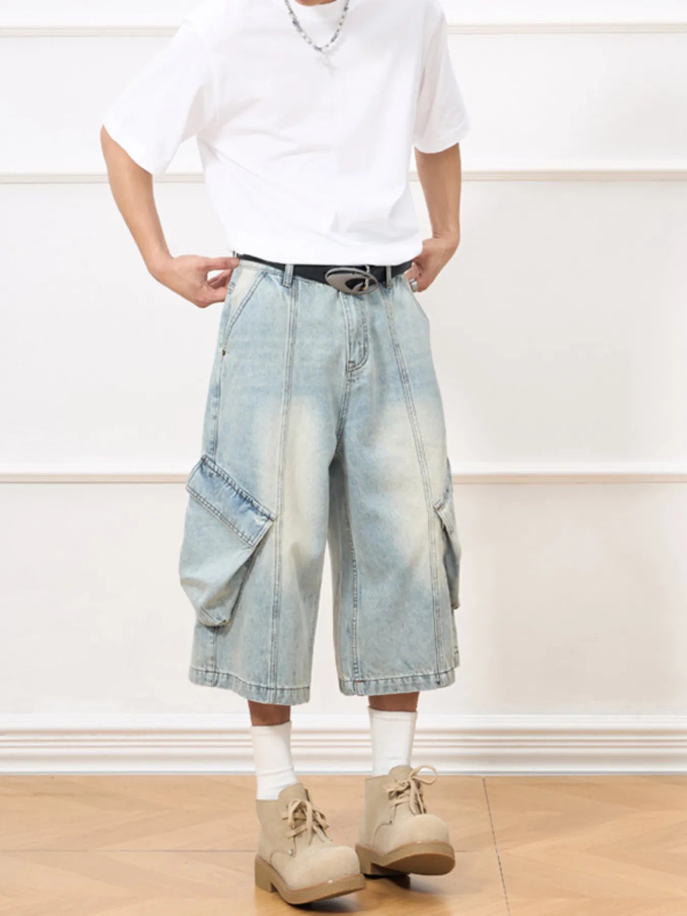 Men's Vintage Wash Wide-Leg Capris Jeans