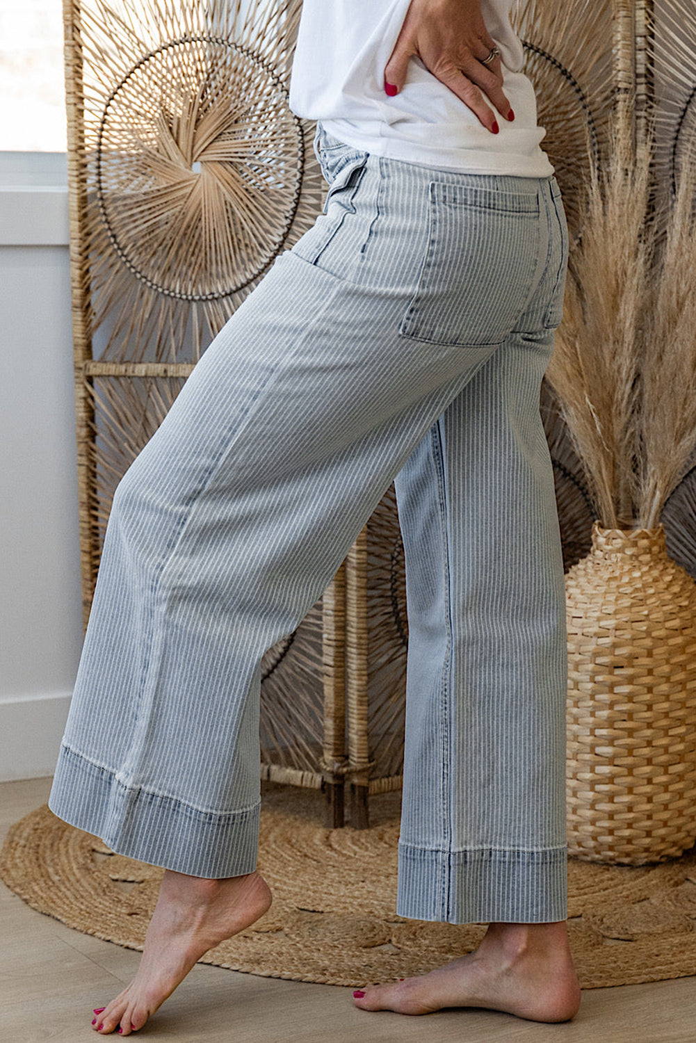  Sky Blue Striped Button Flap Pocket Cuffed Hem Wide Leg Jeans