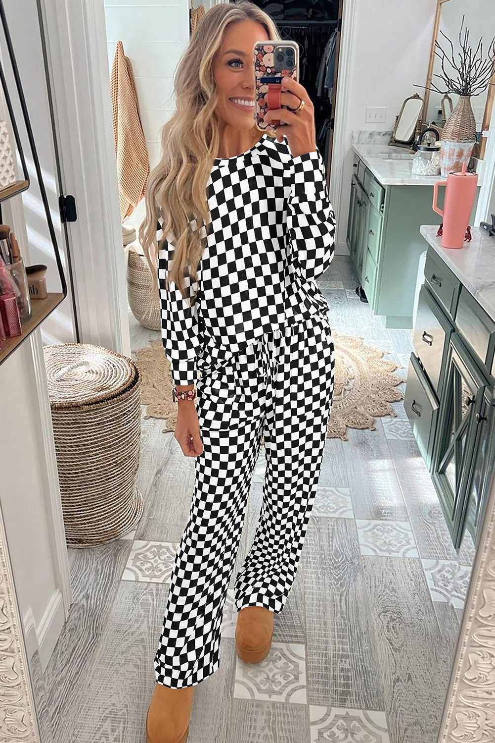 Beige Checkered Print Long Sleeve Loose Fit Pajama Set 