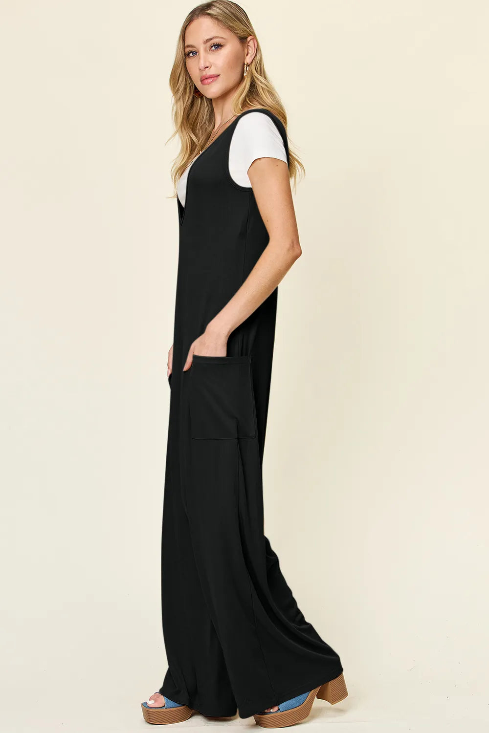 Double Take Full Size Sleeveless Wide Leg Jumpsuit with Pockets