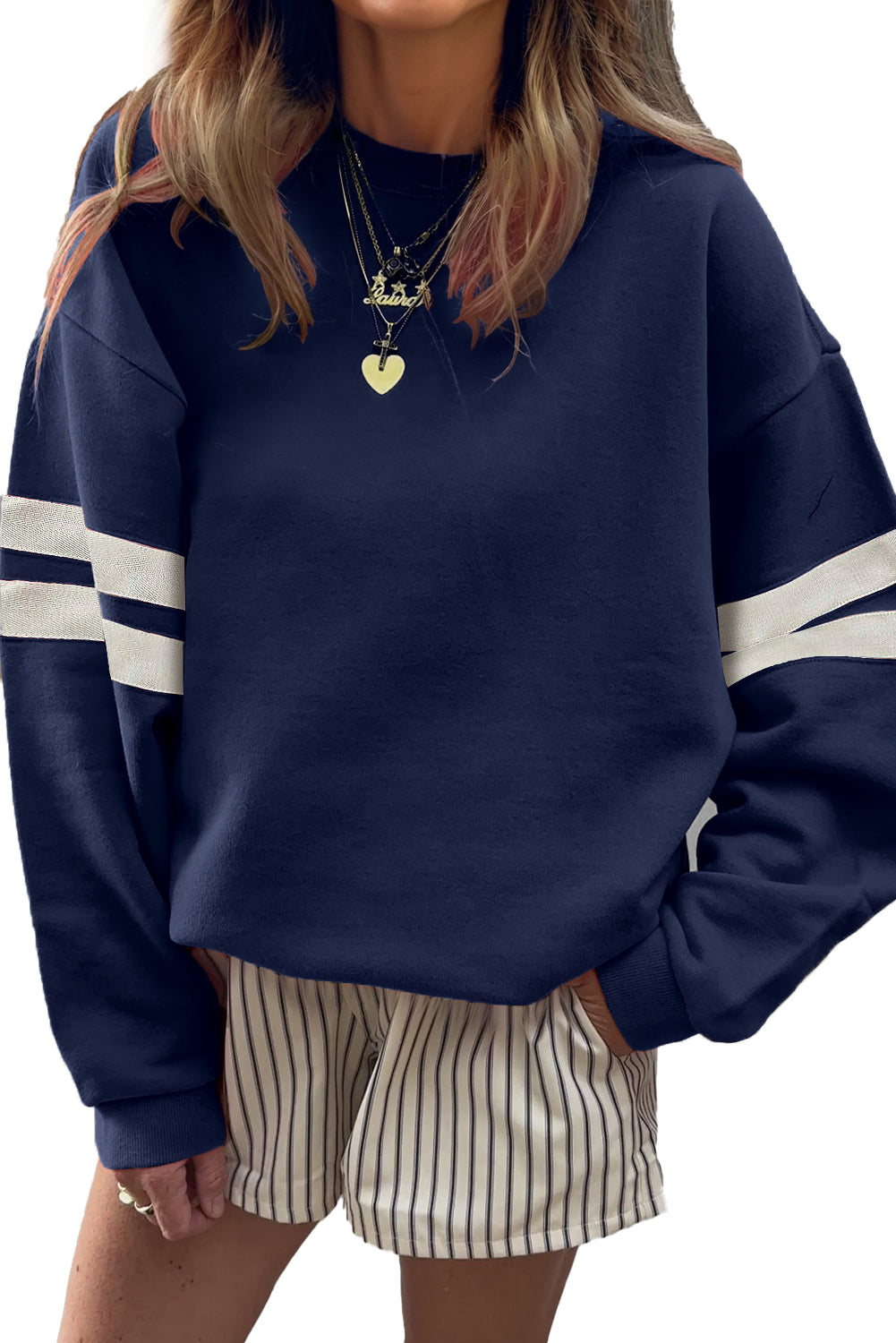 Black Preppy Striped Sleeve Loose Sweatshirt