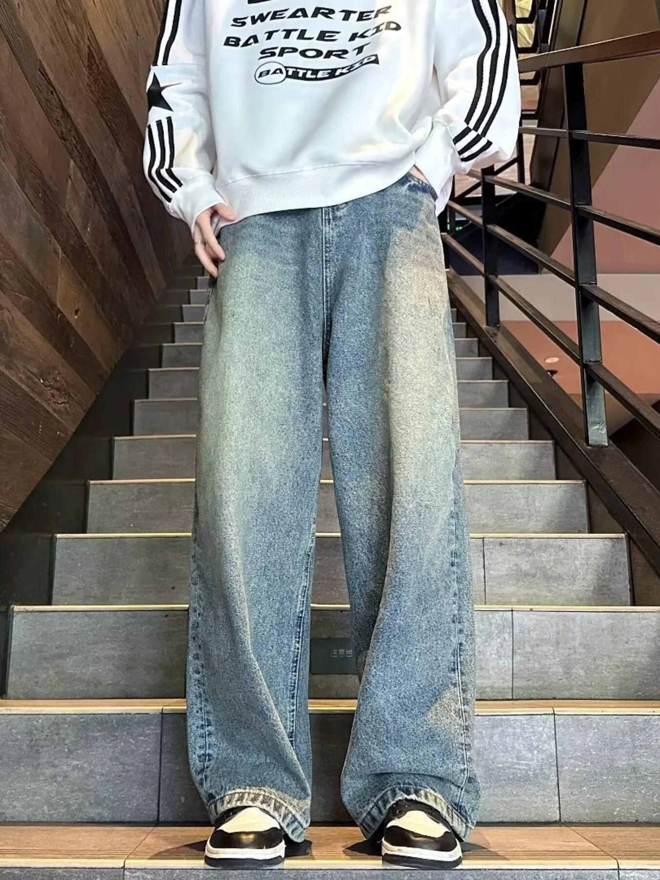 Men's Full Size Vintage Wash Wide Leg Jeans Plus Size