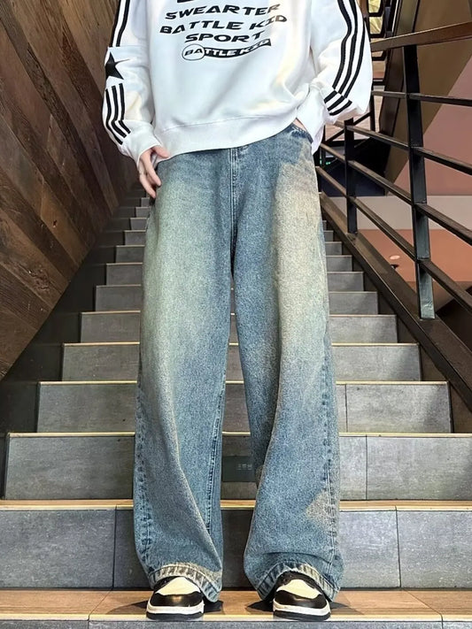 Men's Full Size Vintage Wash Wide Leg Jeans Plus Size