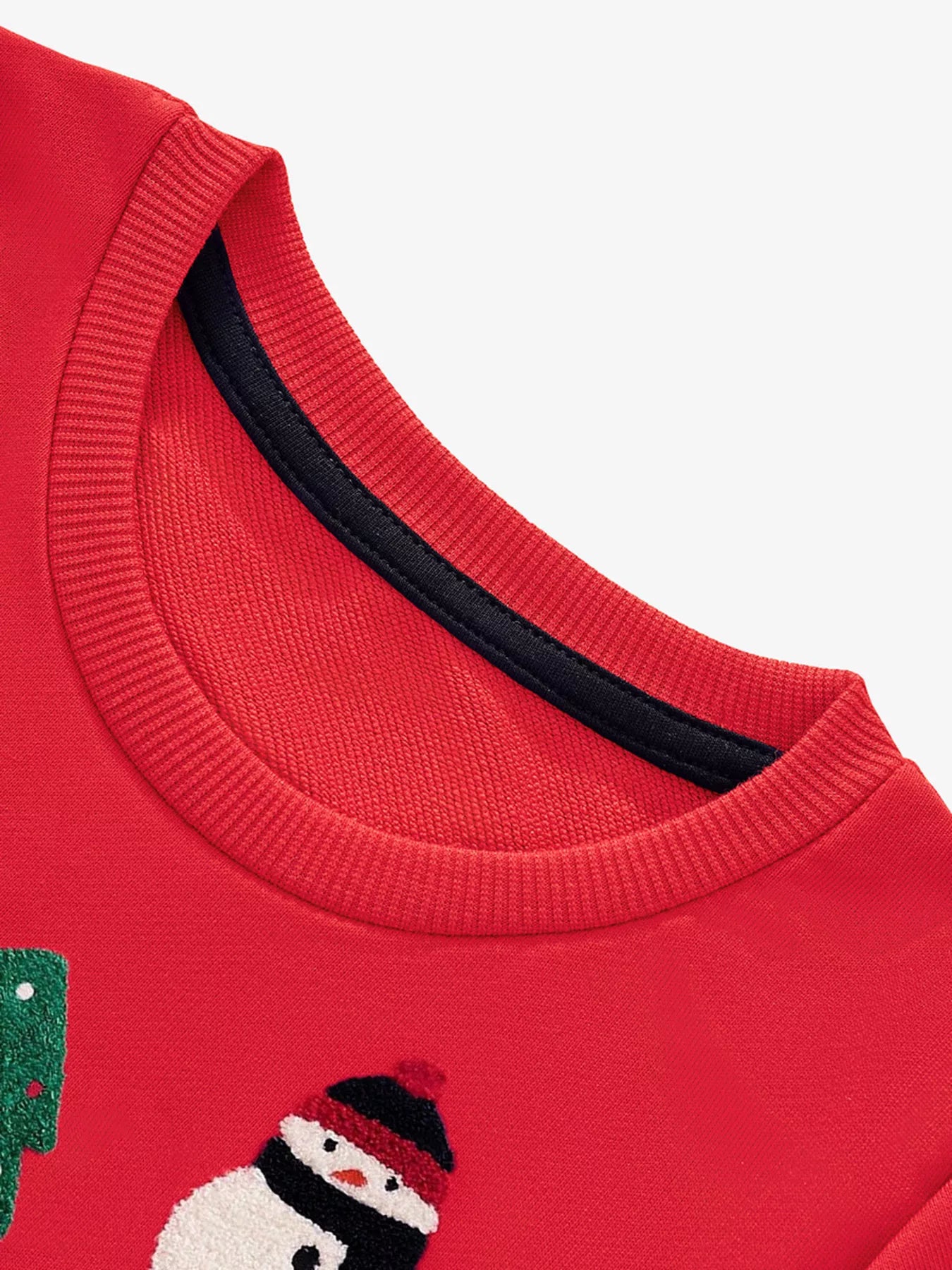 Close-up of a red sweater with a snowman design on a white background