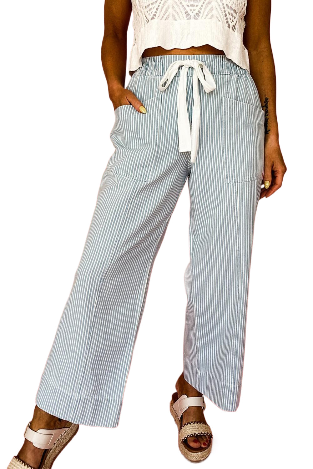 Sky Blue Striped Mid Rise Drawstring Waist Jeans