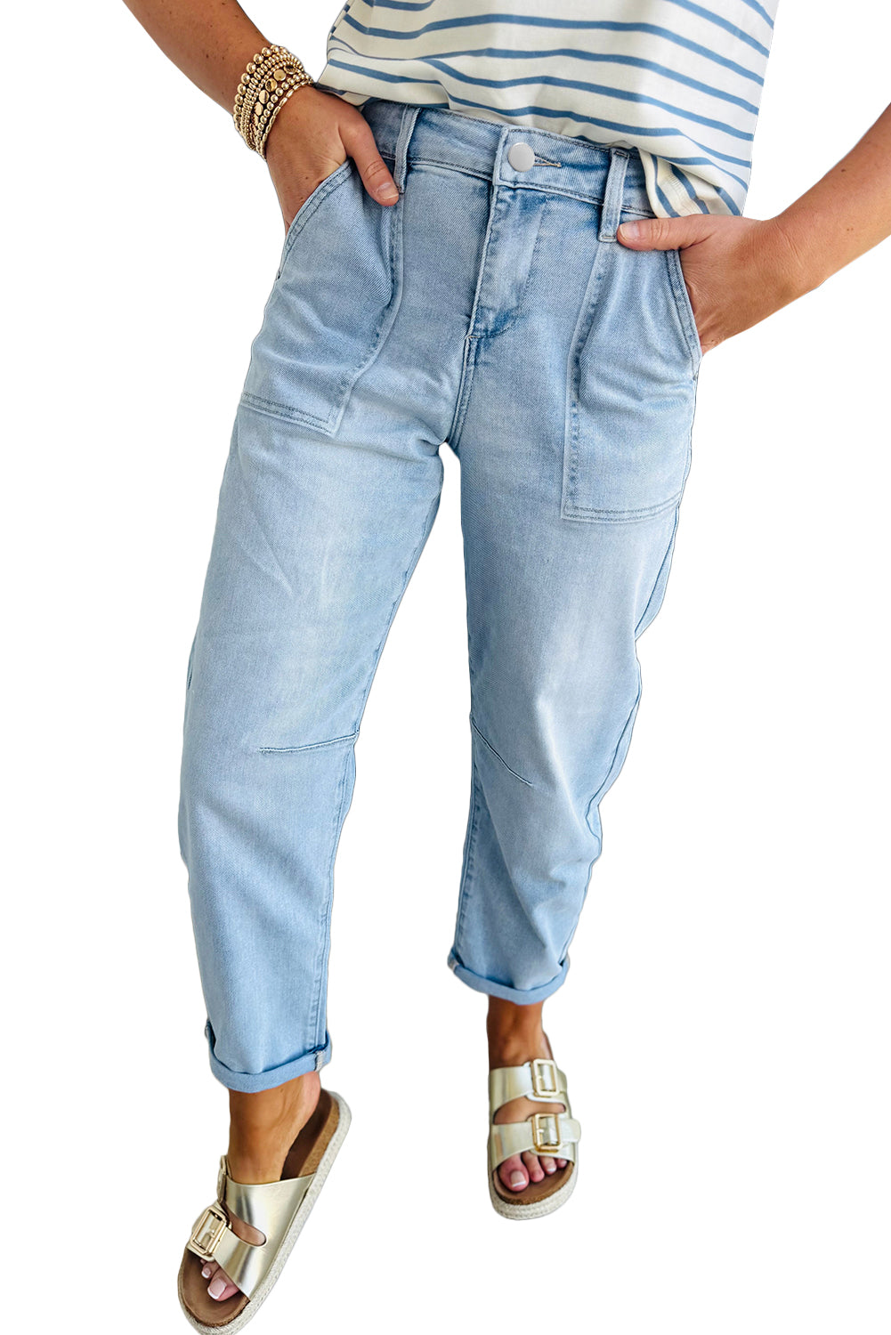Beau Blue High Rise Relaxed Patch Pocket Jeans