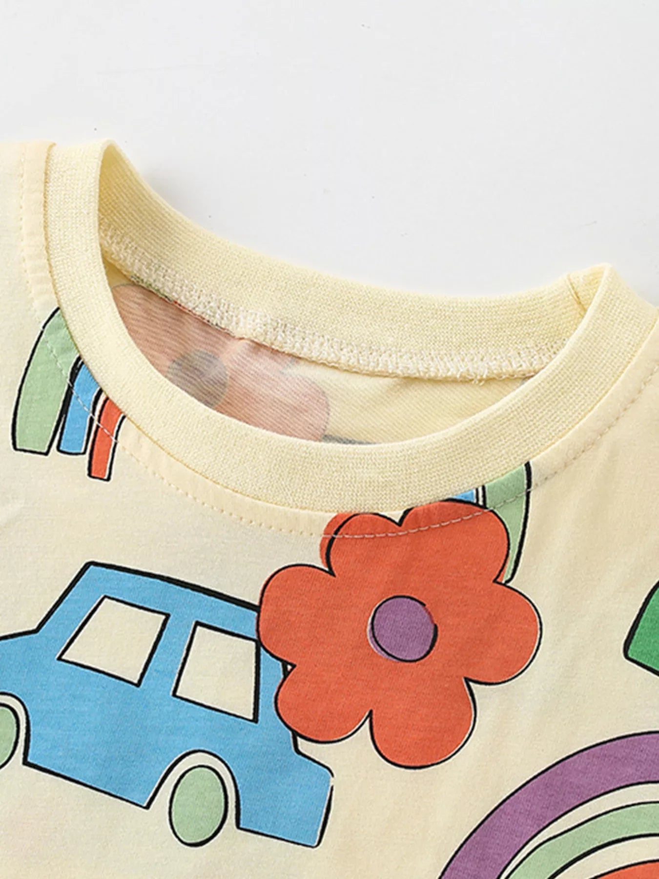 Children's Cartoon Car & Rainbow Print Short Sleeve T-Shirt