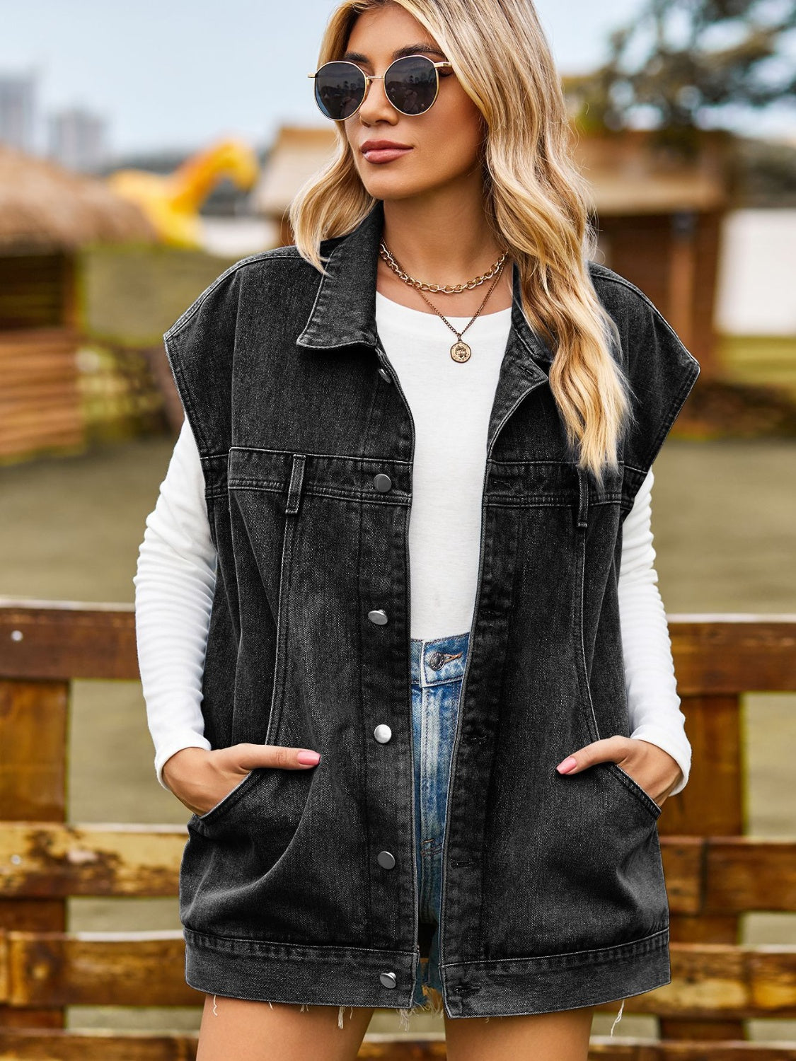 Drawstring Hooded Button Up Denim Jacket