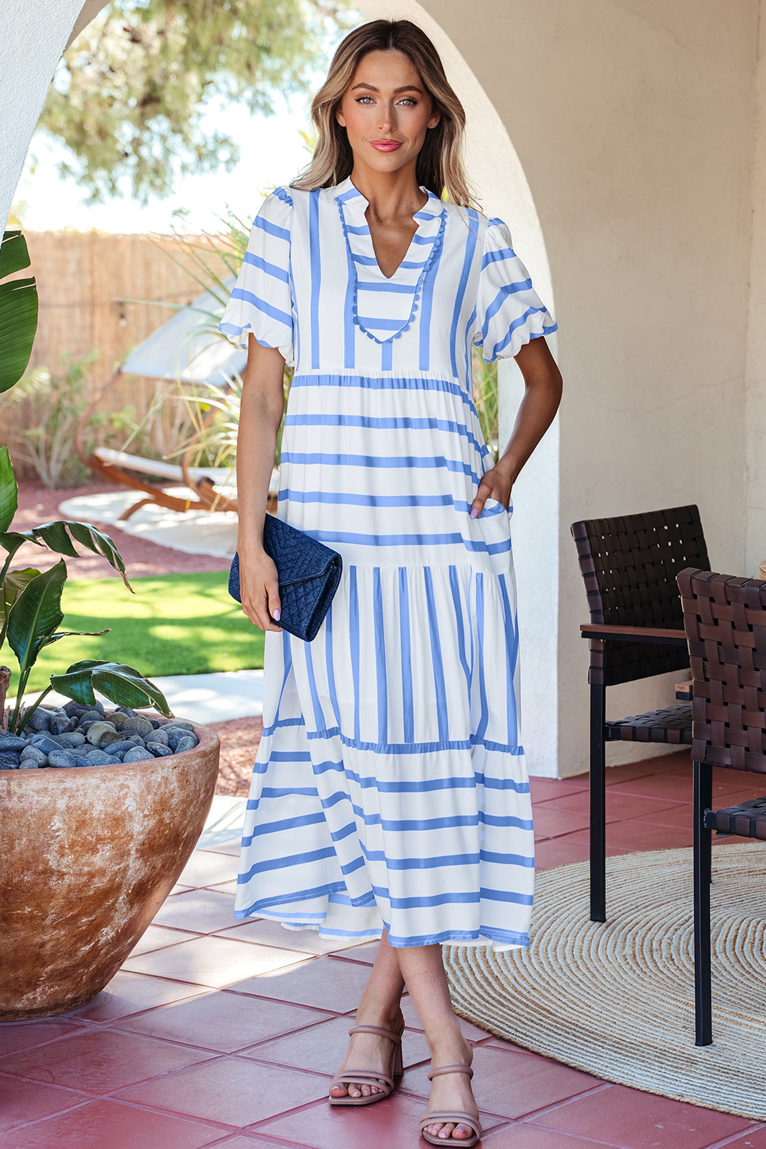 Sky Blue Stripe Ricrac Trim Notched Neck Half Sleeve Vacation Dress