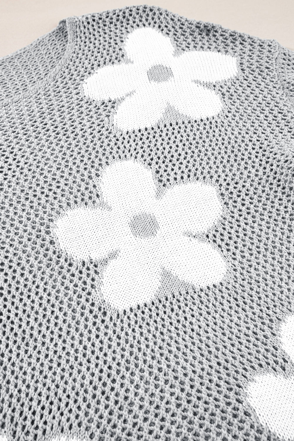  Sea Green 60s Flower Drop Shoulder Hollow Knit Top