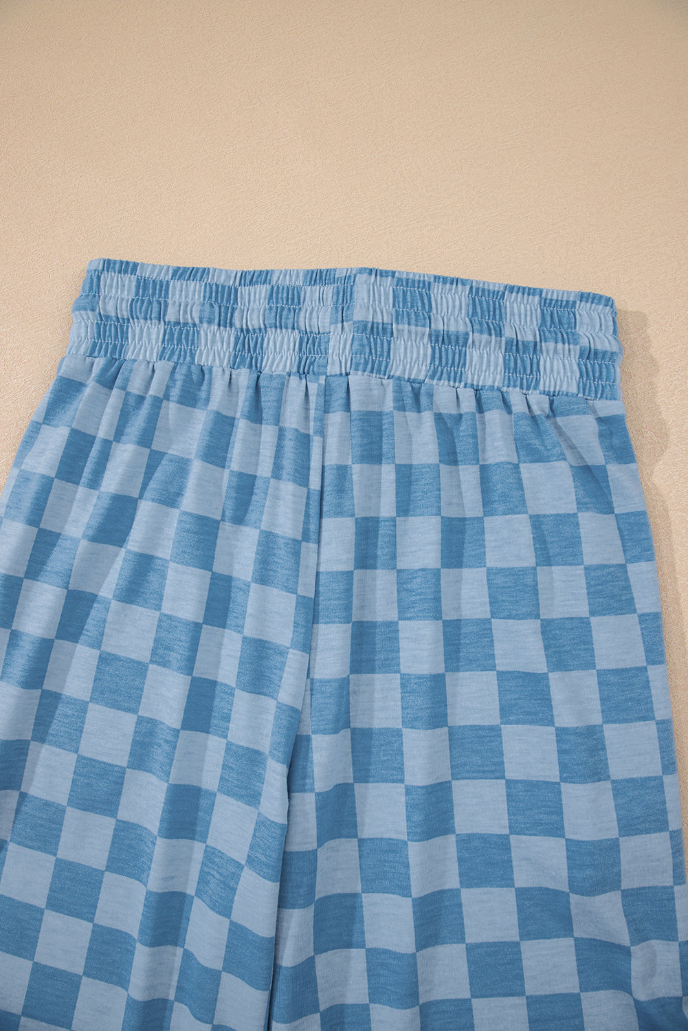 Sky Blue Tie Elastic Waist Checkered Loose Pants