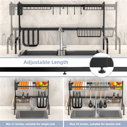 2 Tier Black Steel Adjustable Over the Sink Dish Drying Rack