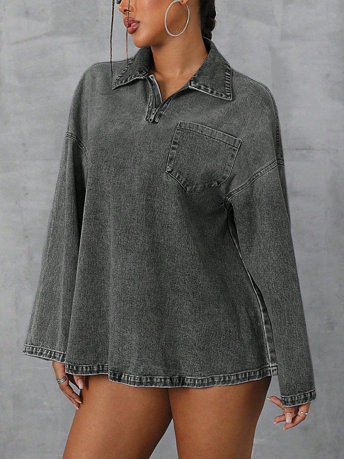 Collared Neck Drop Shoulder Denim Top
