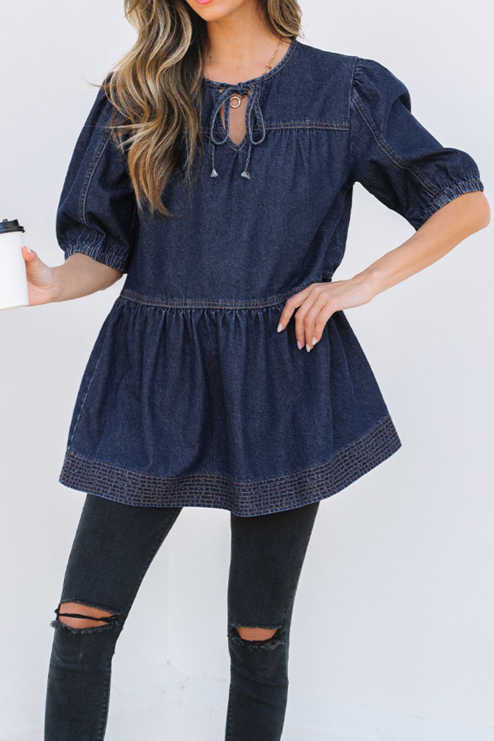 Ruffled Open Front Denim Top