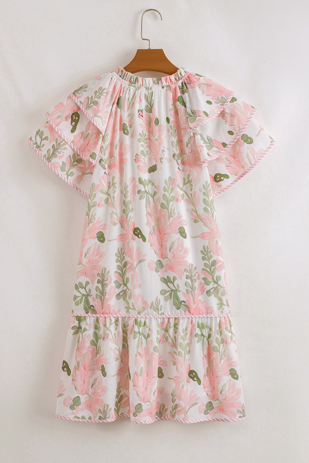  Sky Blue Floral Contrast Edge Ruffle Sleeve Tie Neck Mini Dress