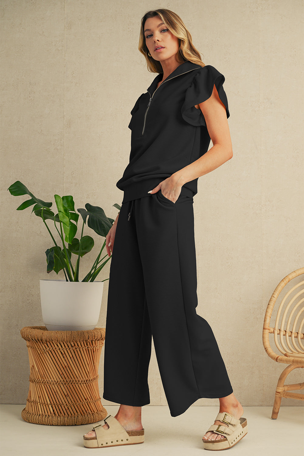 Black Textured Ruffle Sleeve Zipped Top and Wide Leg Pants Set