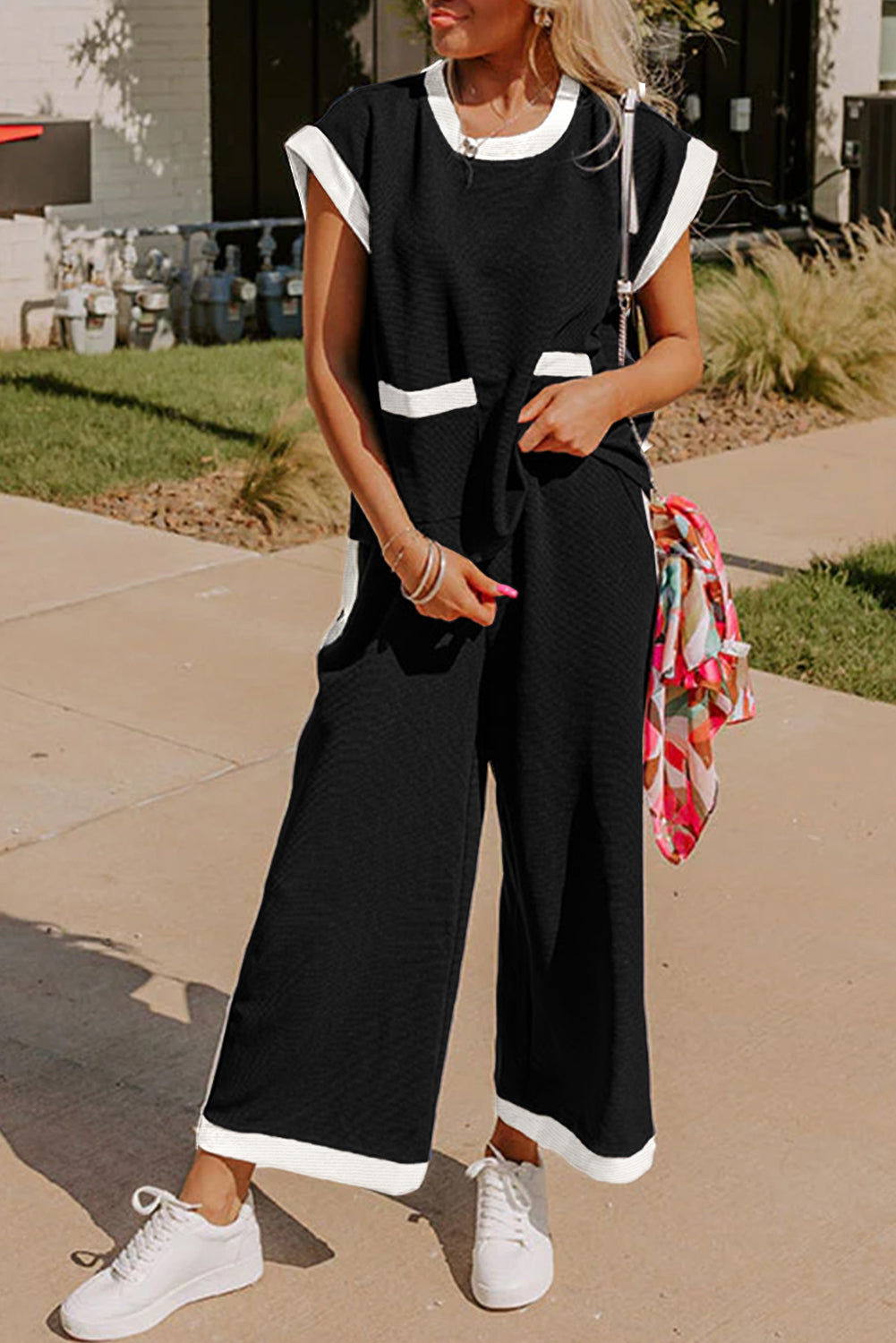 Navy Blue Contrast Trim Pocket T Shirt and Wide Leg Pants Set