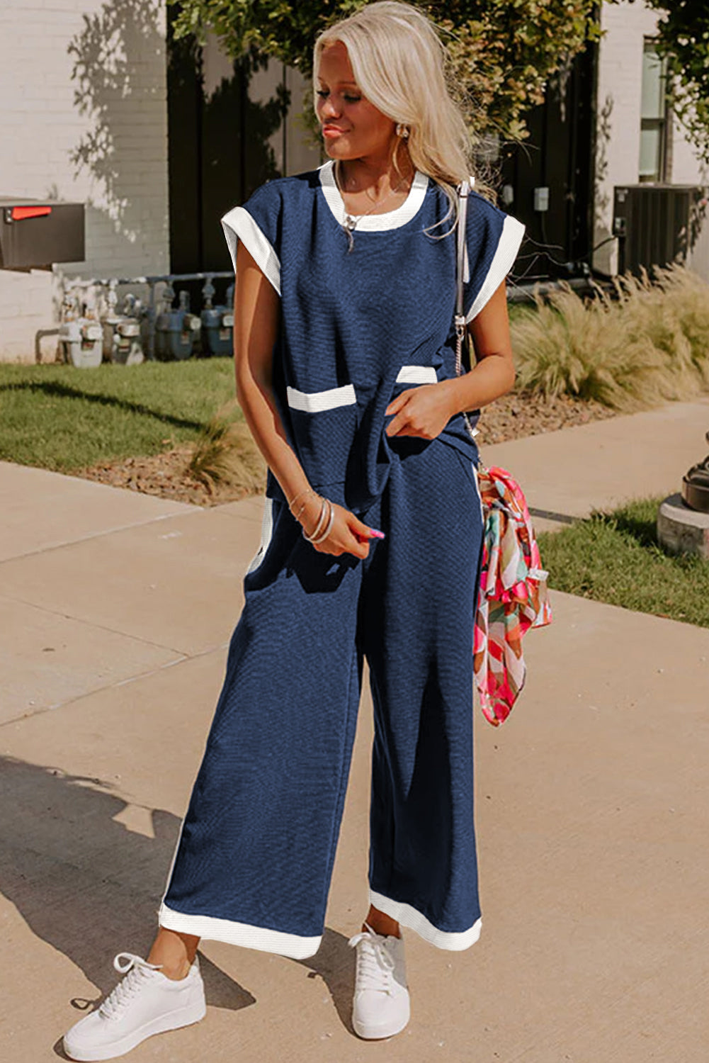 Navy Blue Contrast Trim Pocket T Shirt and Wide Leg Pants Set