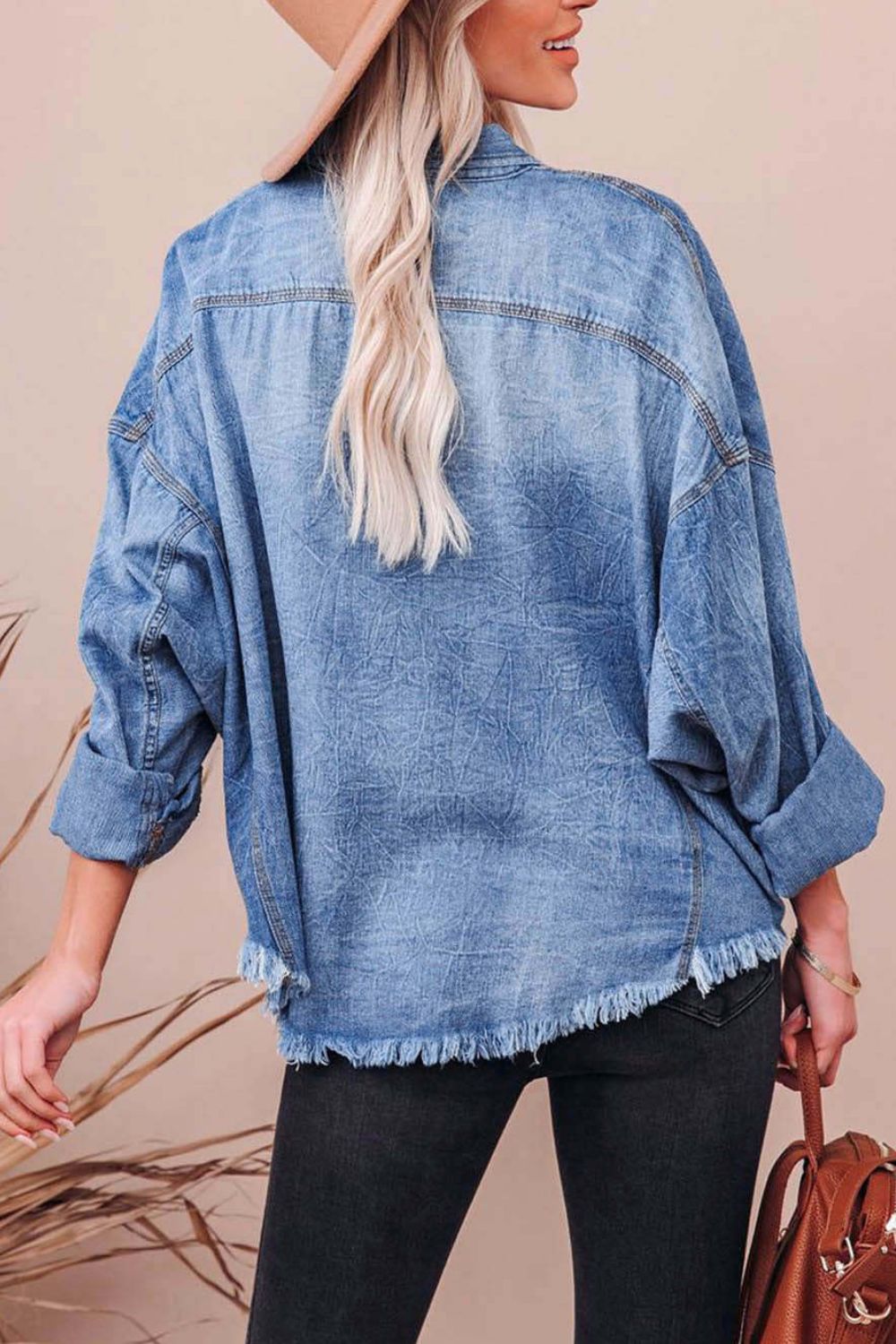 Collared Neck Raw Hem Long Sleeve Denim Shirt