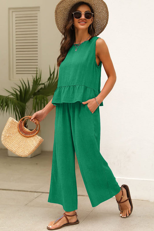 Duffel Green Solid Color Ribbed Ruffle Tank Top and Pants Set