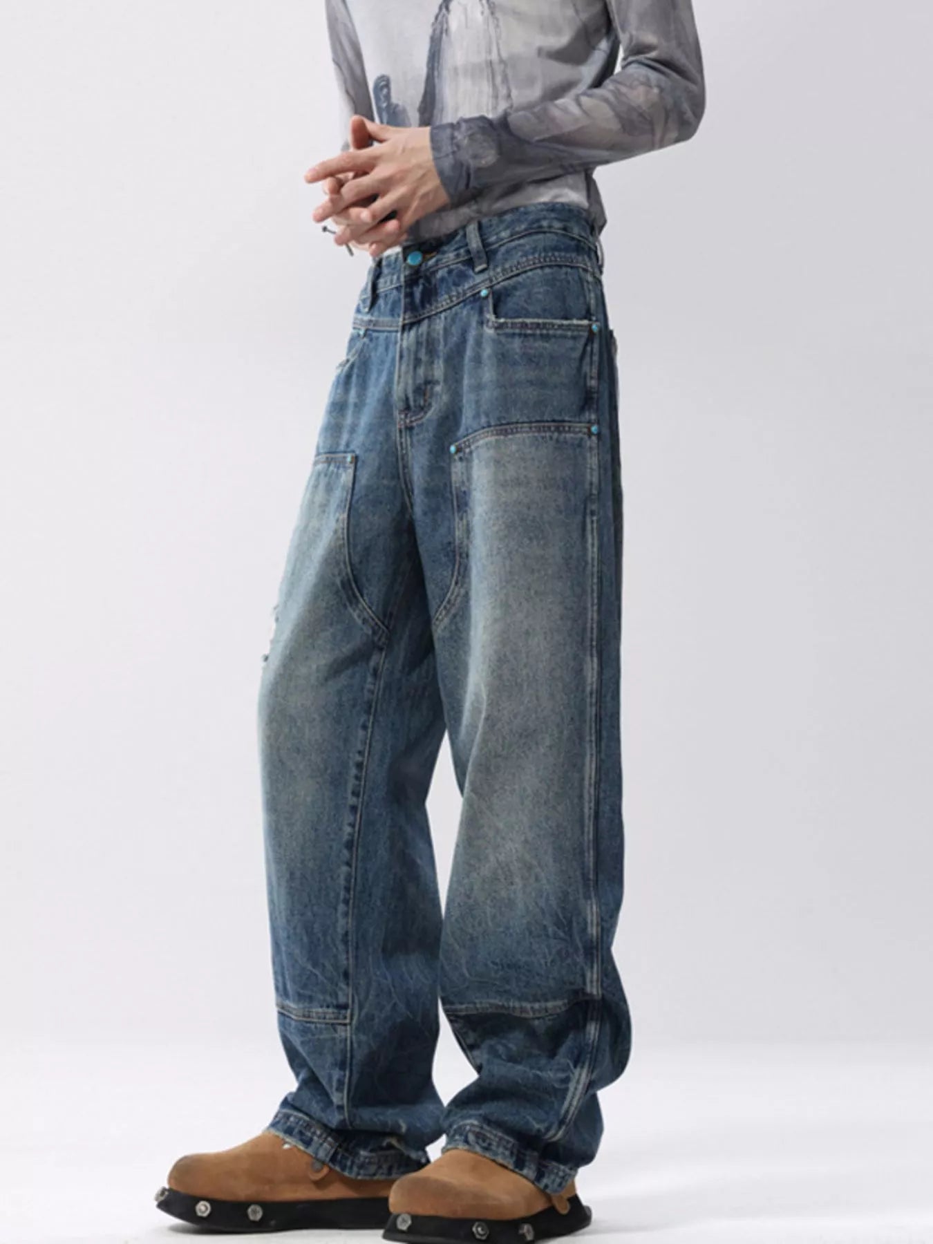 Men's Full Size Distressed Wide Leg Jeans Plus Size
