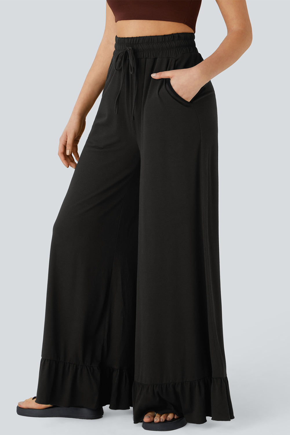 Black Solid Color Ruffle Hem Wide Leg Pants 