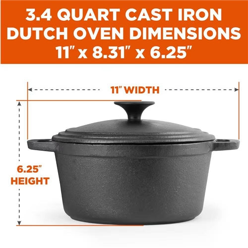 3.4 Quart Pre-Seasoned Cast Iron Dutch Oven with Handles and Lid
