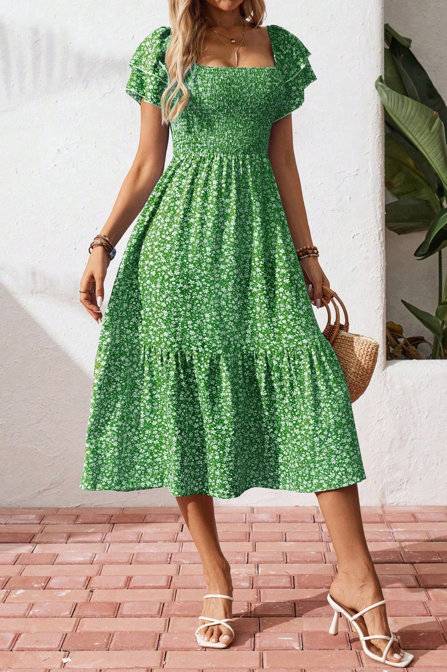 Beige Ditsy Floral Print Smocked Square Neck Ruffle Short Sleeve Dress