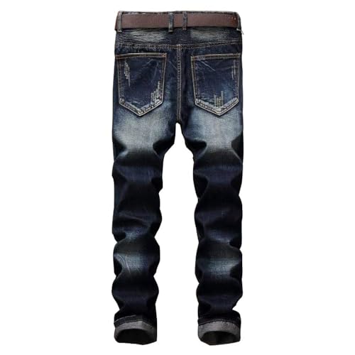 AITITIA Men's Biker Zipper Deco Washed Straight Fit Jeans (40, 002 Light Blue)