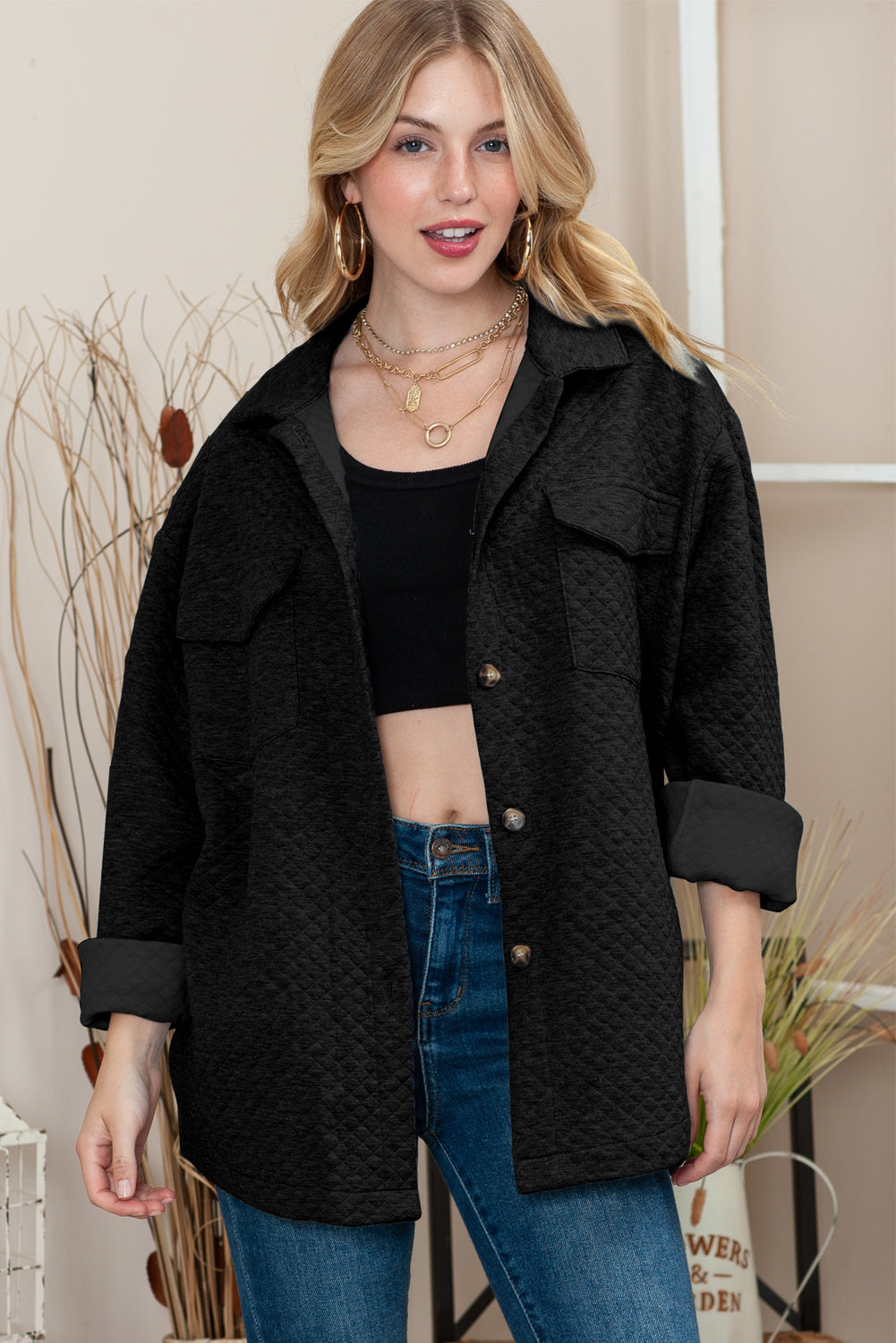 Green Lattice Texture Pockets Button Up Quilted Shacket 