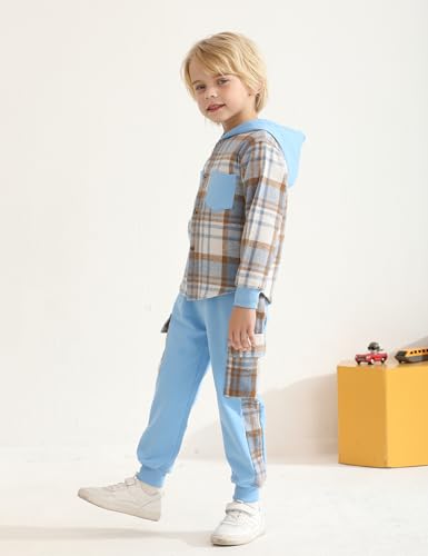 Auiopila Kids Toddler Boy Clothes Plaid Hooded Shirt White T-shirt Top and Solid Color Pants 3Pcs Winter Boys Outfits