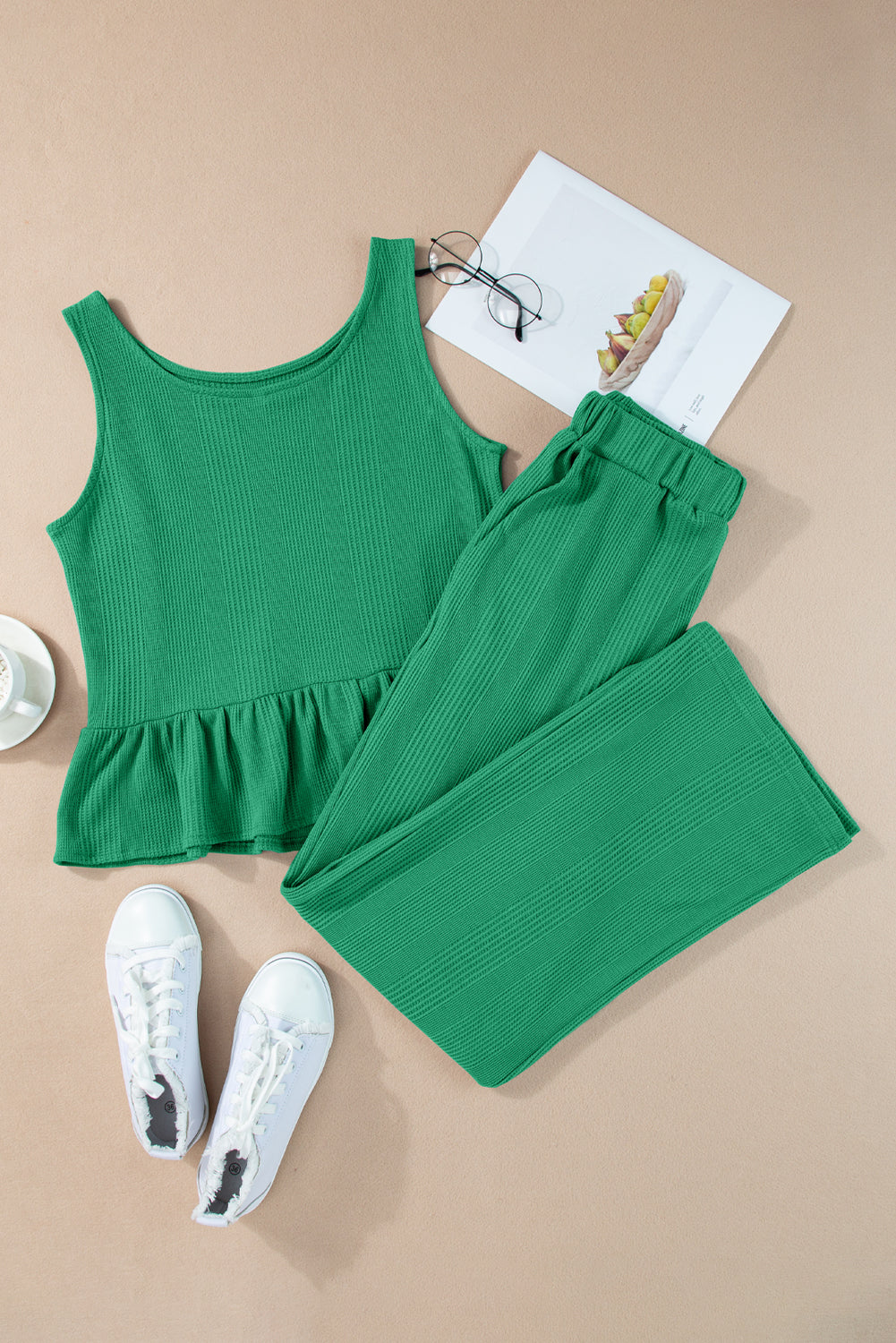 Duffel Green Solid Color Ribbed Ruffle Tank Top and Pants Set