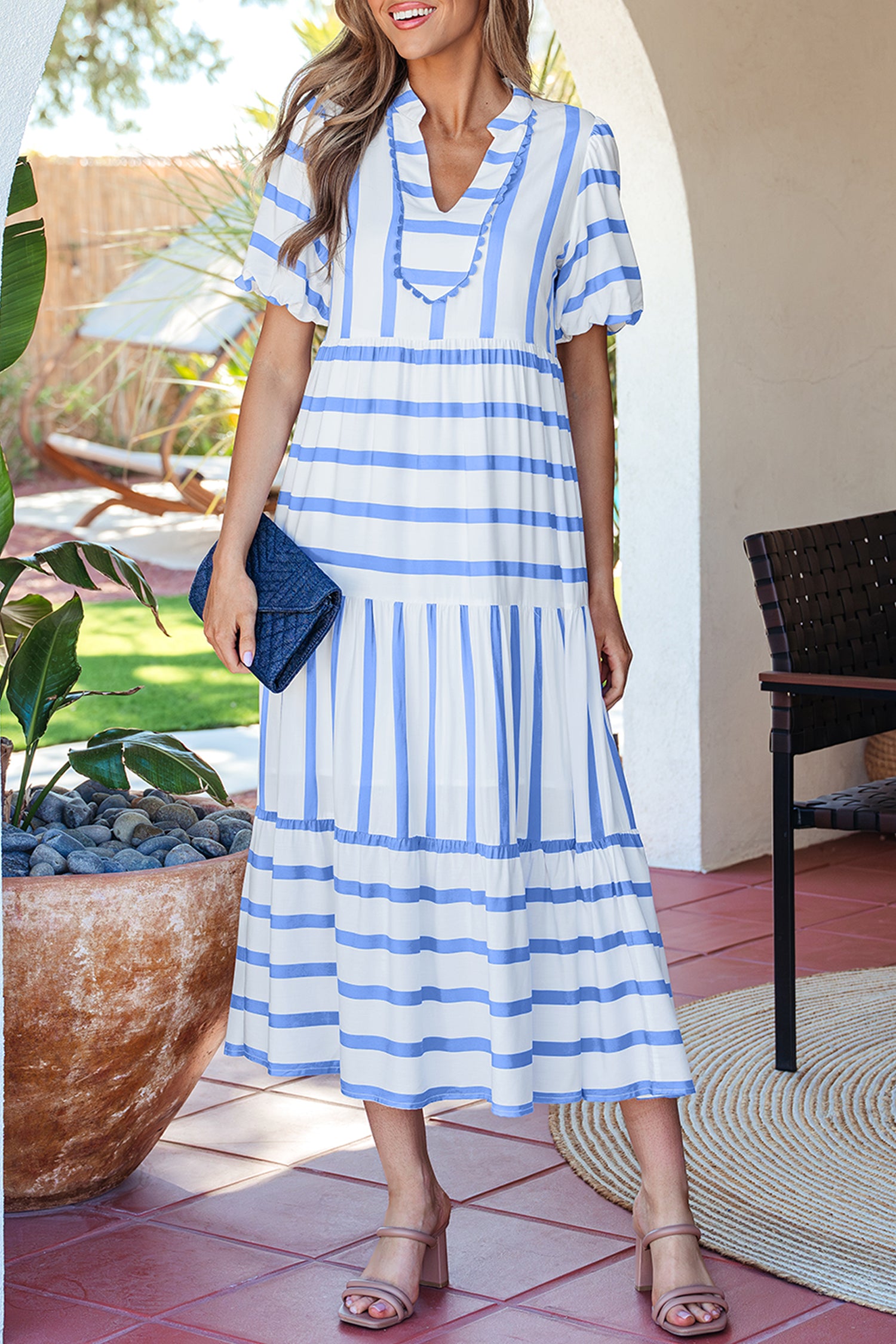 Sky Blue Stripe Ricrac Trim Notched Neck Half Sleeve Vacation Dress