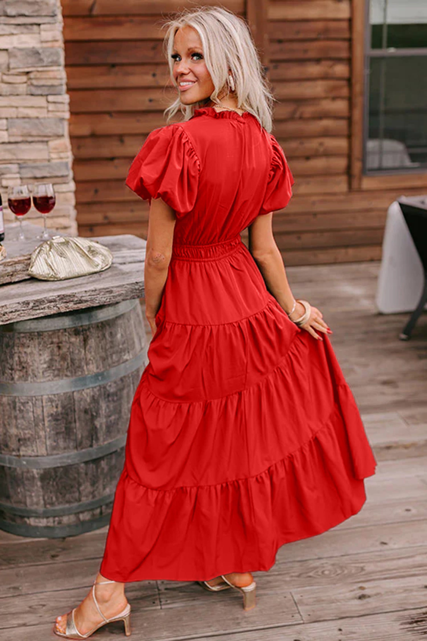 Lavendula Solid Color V Neck Short Puff Sleeve High Waist Tiered Maxi Dress
