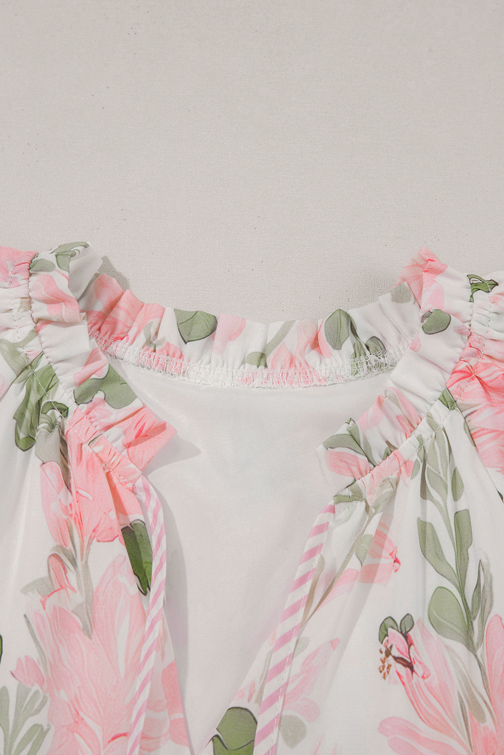 Sky Blue Floral Contrast Edge Ruffle Sleeve Tie Neck Mini Dress