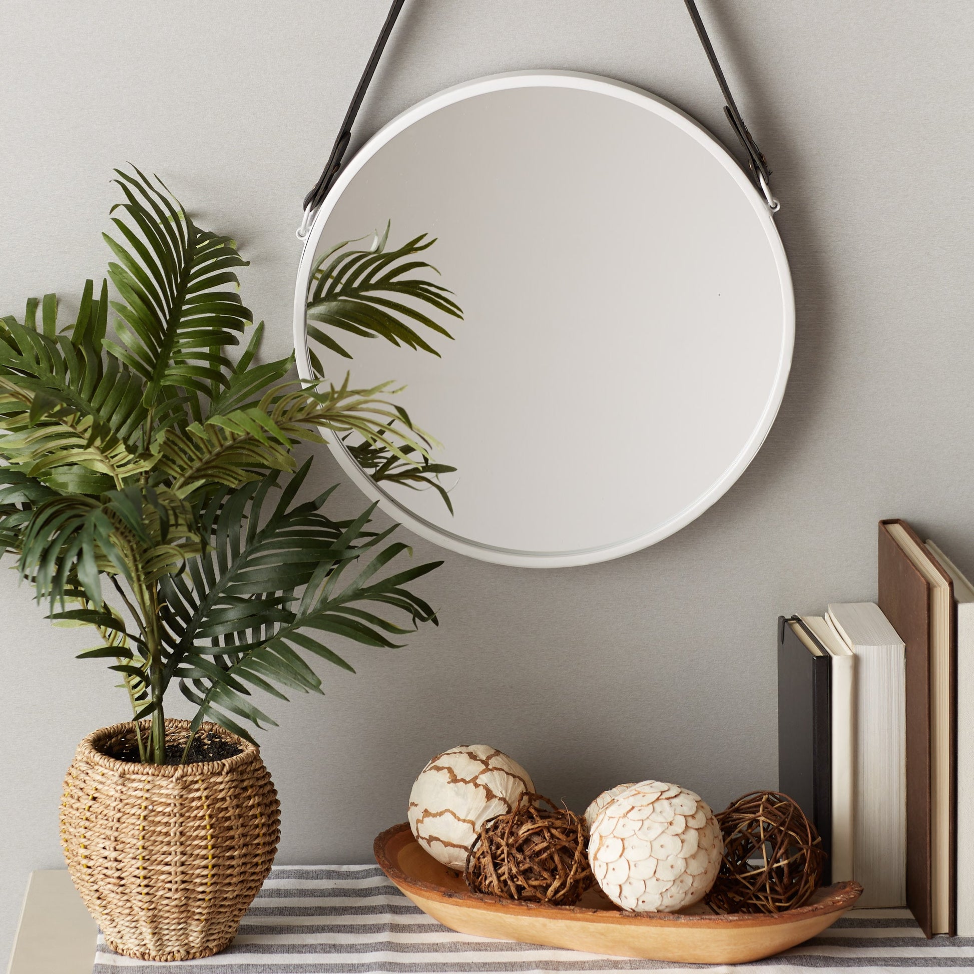 Hanging White Mirror with Faux Leather Strap - Accent Plus